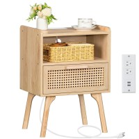 Lerliuo Rattan Nightstand With Charging Station, Boho Side Table With Drawer Open Shelf, Cane Accent Bedside End Table With Solid Wood Legs For Bedroom, Dorm And Small Spaces