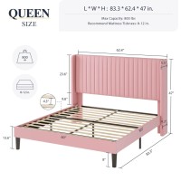 Allewie Queen Size Velvet Bed Frame/Vertical Channel Tufted Wingback Headboard/Upholstered Platform Bed/Strong Wooden Slats/No Box Spring Needed/Easy Assembly/Pink