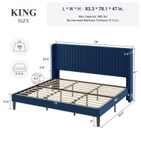 Allewie King Size Velvet Bed Frame/Vertical Channel Tufted Wingback Headboard/Upholstered Platform Bed/Strong Wooden Slats/No Box Spring Needed/Easy Assembly/Blue