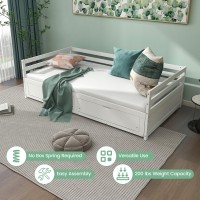 Komfott Wood Daybed With Trundle, Extendable Twin To King Daybed Frame With 2 Storage Drawers, Space Saving Dual-Use Sofa Daybed For Bedroom, Guest Room, No Box Spring Required (White)