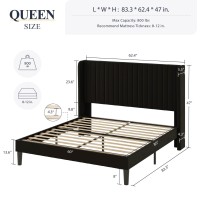 Allewie Queen Size Velvet Bed Frame/Vertical Channel Tufted Wingback Headboard/Upholstered Platform Bed/Strong Wooden Slats/No Box Spring Needed/Easy Assembly/Black