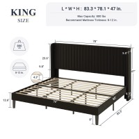 Allewie King Size Velvet Bed Frame/Vertical Channel Tufted Wingback Headboard/Upholstered Platform Bed/Strong Wooden Slats/No Box Spring Needed/Easy Assembly/Black