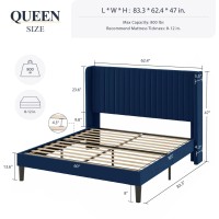 Allewie Queen Size Velvet Bed Frame/Vertical Channel Tufted Wingback Headboard/Upholstered Platform Bed/Strong Wooden Slats/No Box Spring Needed/Easy Assembly/Dark Blue