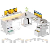 Aodk 66 L Shaped Computer Desk 113 Reversible Home Office Desk With File Cabinet 4 Fabric Drawers Two Person Desk With Led