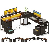 Aodk 66 L Shaped Computer Desk 113 Reversible Home Office Desk With File Cabinet 4 Fabric Drawers Two Person Desk With Led