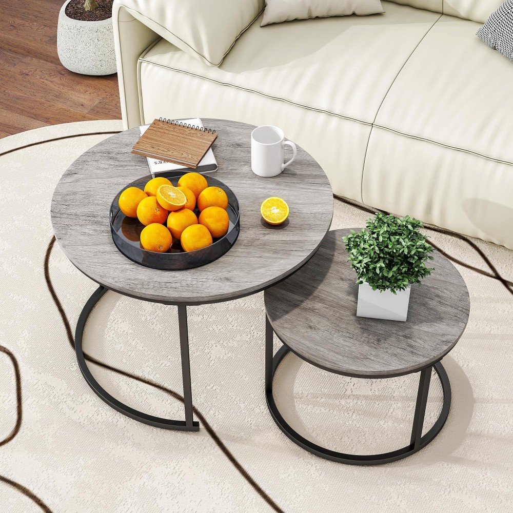 HOJINLINERO Nesting Round Coffee Table Set of 2 End Tables for Living Room,Grey Coffee Table Wooden Accent Furniture with Metal Frame,Stacking Side Tables,Black+Warm Grey