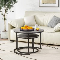 HOJINLINERO Nesting Round Coffee Table Set of 2 End Tables for Living Room,Grey Coffee Table Wooden Accent Furniture with Metal Frame,Stacking Side Tables,Black+Warm Grey