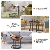 ZENY Nesting Coffee Table Set of 2, 23.6inch Round Coffee Table Wood Grain Top with Sturdy Metal Frame, Industrial End Table Side Tables for Living Room Bedroom Balcony Yard, Rustic Brown