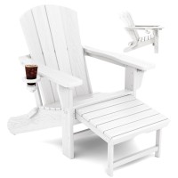 KINGYES Folding Adjustable Adirondack Chair with Ottoman, Weather Resistant Fire Pit Chair with Cup Holder| HEPE Versatile Adirondack Chair with 330Lbs Support, White