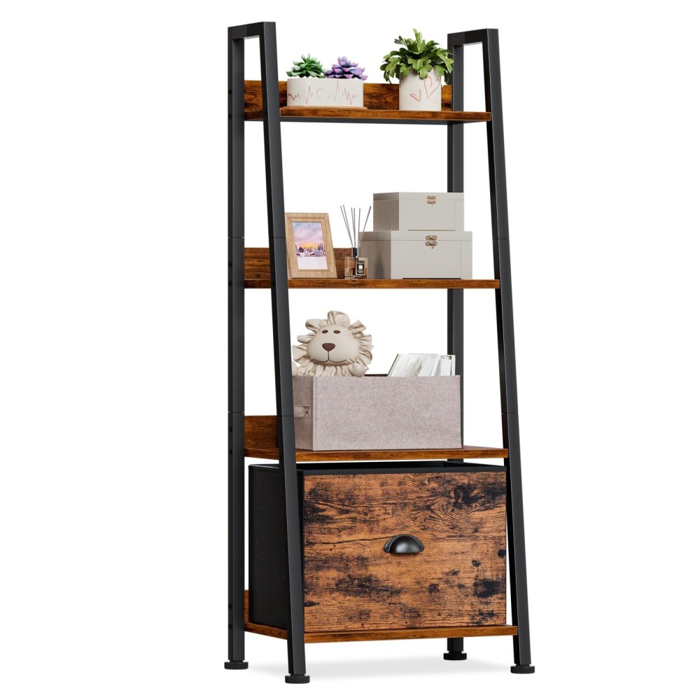 Furologee 4Tier Ladder Shelf Ladder Bookshelf With Removable Drawer Rustic Bookcase Storage Rack Organizer Wood Metal Freest