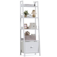 Furologee 5Tier White Ladder Shelf Ladder Bookshelf With Removable Drawer Mordern Bookcase Storage Rack Organizer Wood Metal