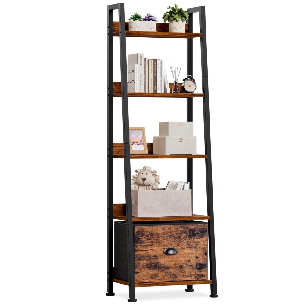 Furologee 5Tier Ladder Shelf Ladder Bookshelf With Removable Drawer Rustic Bookcase Storage Rack Organizer Wood Metal Freest