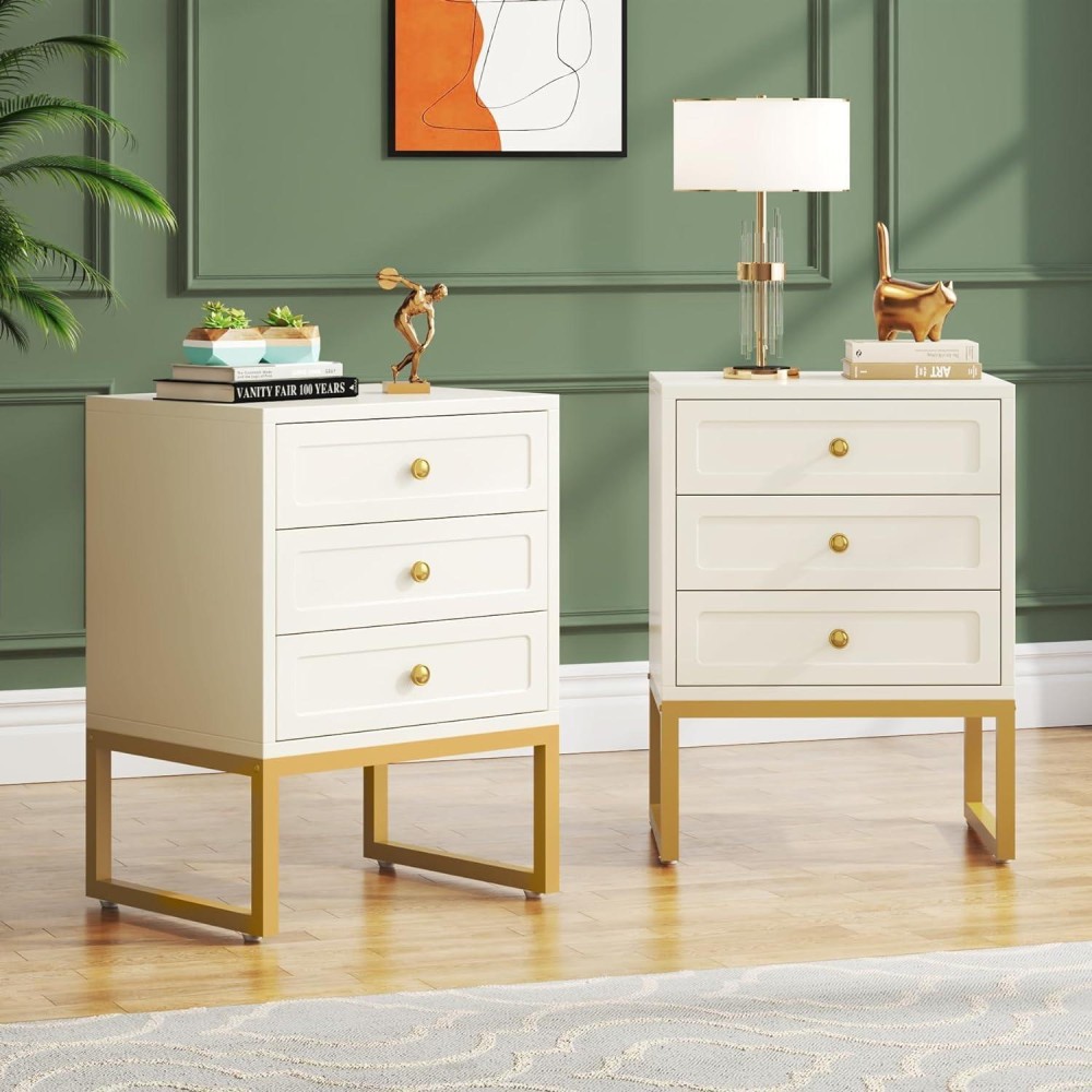 Tribesigns Nightstands Set Of 2, Modern Nightstand With 3 Drawers, Wood Bed Side Table For Bedroom, White Side End Table With Storage, Tall Night Stand With Gold Metal Legs For Living Room