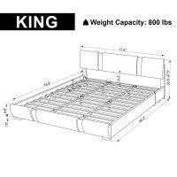 Kallabe King Modern Faux Leather Upholstered Bed Frame with Adjustable Headboard, LED Lights,Low Profile Platform Bed with Iron Piece Decor,Wooden Slats Support, No Box Spring Needed, White & Black
