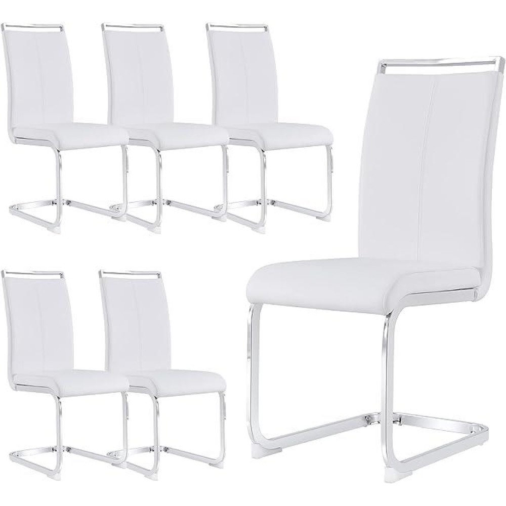 Btikita Modern Dining Chairs Set Of 6, Faux Leather High Back Side Chairs Stylish Armless Chair With C-Shaped Tube Chrome Metal Legs For Dining Room Kitchen Office (Set Of 6, White)