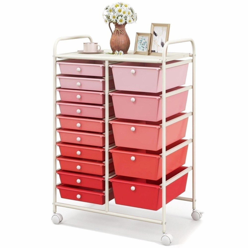 Kotek 15-Drawer Rolling Storage Cart, Multipurpose Mobile Utility Cart With 4 Wheels, Home Office School Tools Scrapbook Paper Organizer (Pink)