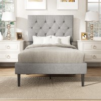 Twin Size Platform Bed Frame With Upholstered Headboard Button Tufted Design No Box Spring Needed Light Grey