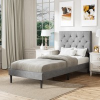 Twin Size Platform Bed Frame With Upholstered Headboard Button Tufted Design No Box Spring Needed Light Grey