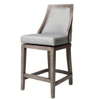 Maven Lane Vienna 26 Inch Tall Counter Height Rotating High Back Barstool In Reclaimed Oak Finish With Ash Grey Fabric Upholstered Seat