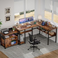 Unikito L Shaped Computer Desk With Magic Power Outlets And Usb Charging Ports Sturdy Reversible Corner Desk With Storage Shelv