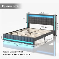 Dnxao Queen Size Bed Frame With Led Lights And Charging Station  Upholstered Platform Bed With Adjustable Headboard  Queen Size Bed With Wooden Support And Footboard  No Box Spring Needed  Dark Grey