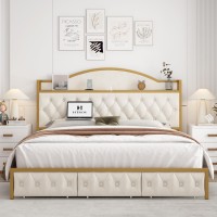 HITHOS King Size Bed Frame, Storage Headboard with Charging Station, Button Tufted Platform Bed with 3 Drawers, Upholstered Bed with 51.6