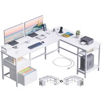 Furologee White 66 L Shaped Desk With Power Outlet Reversible Computer Desk With File Drawer 2 Monitor Stands Home Office