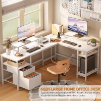 Furologee White 66 L Shaped Desk With Power Outlet Reversible Computer Desk With File Drawer 2 Monitor Stands Home Office