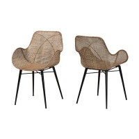 Modern Bohemian Greywashed Rattan and Black Metal 2Piece Dining Chair Set