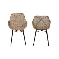 Modern Bohemian Greywashed Rattan and Black Metal 2Piece Dining Chair Set