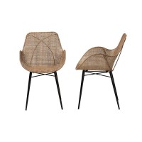 Modern Bohemian Greywashed Rattan and Black Metal 2Piece Dining Chair Set