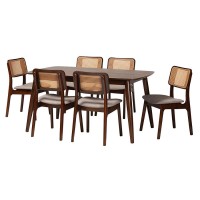 MidCentury Modern Grey Fabric and Walnut Brown Finished Wood 7Piece Dining Set