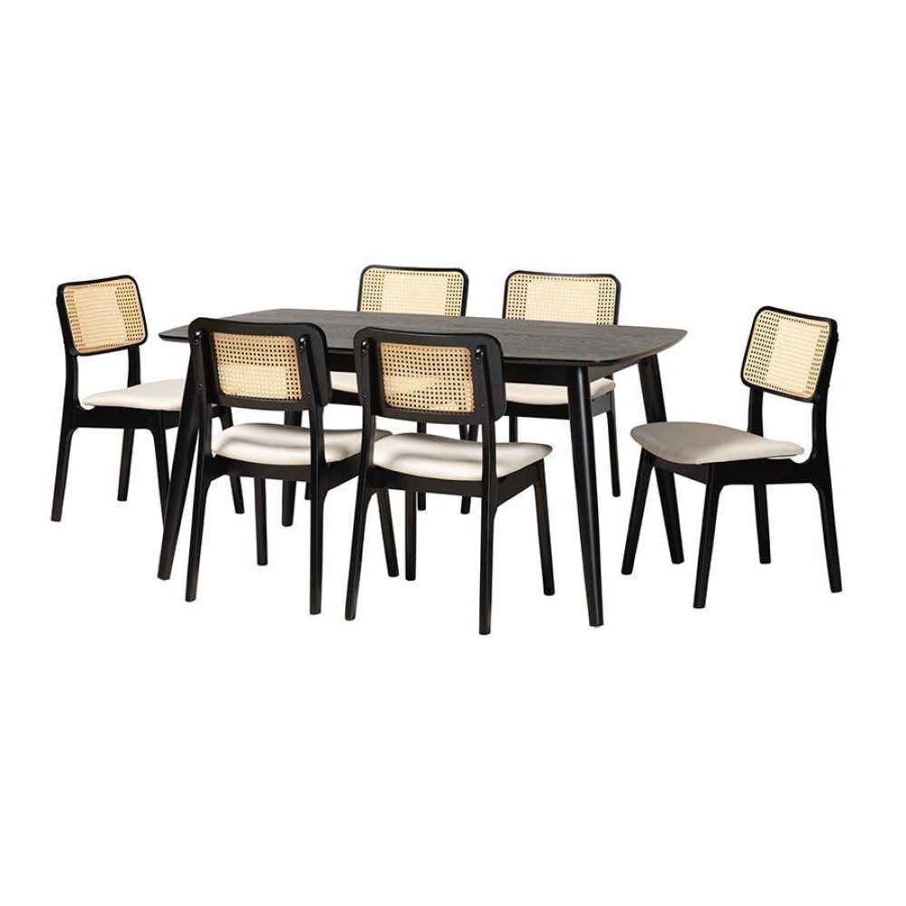 MidCentury Modern Cream Fabric and Black Finished Wood 7Piece Dining Set