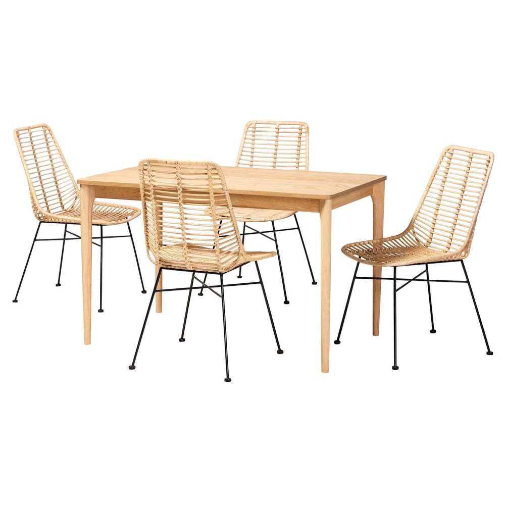 Baxton Studio Manhattan Rattan And Natural Oak Wood 5-Piece Dining Set