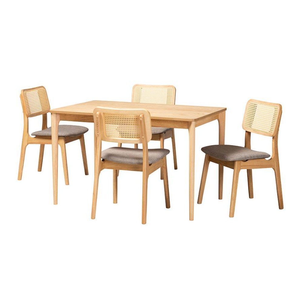 MidCentury Modern Grey Fabric and Natural Oak Finished Wood 5Piece Dining Set