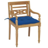 Vidaxl Solid Teak Wood Batavia Chairs - Set Of 2 With Blue Cushions - Rustic Charm Teak Furniture - Weather-Resistant, Fine-Sanded, Indoor And Outdoor Use - Size: 21.7