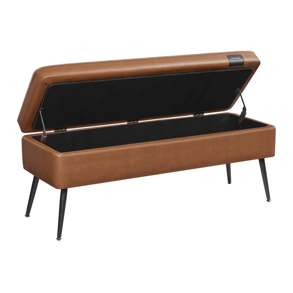 VASAGLE EKHO Collection - Storage Ottoman Bench, Entryway Bedroom Bench, 15 Gallons, Synthetic Leather with Stitching, Mid-Century Modern, Safety Hinges, Loads 660 lb, Caramel Brown ULOM074K01