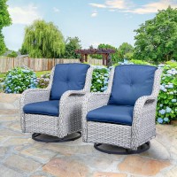 Hummuh Outdoor Swivel Rocker Wicker Patio Chairs Set Of 2 Pe Rattan Rocking Chair Furniture Setlight Grey Blue