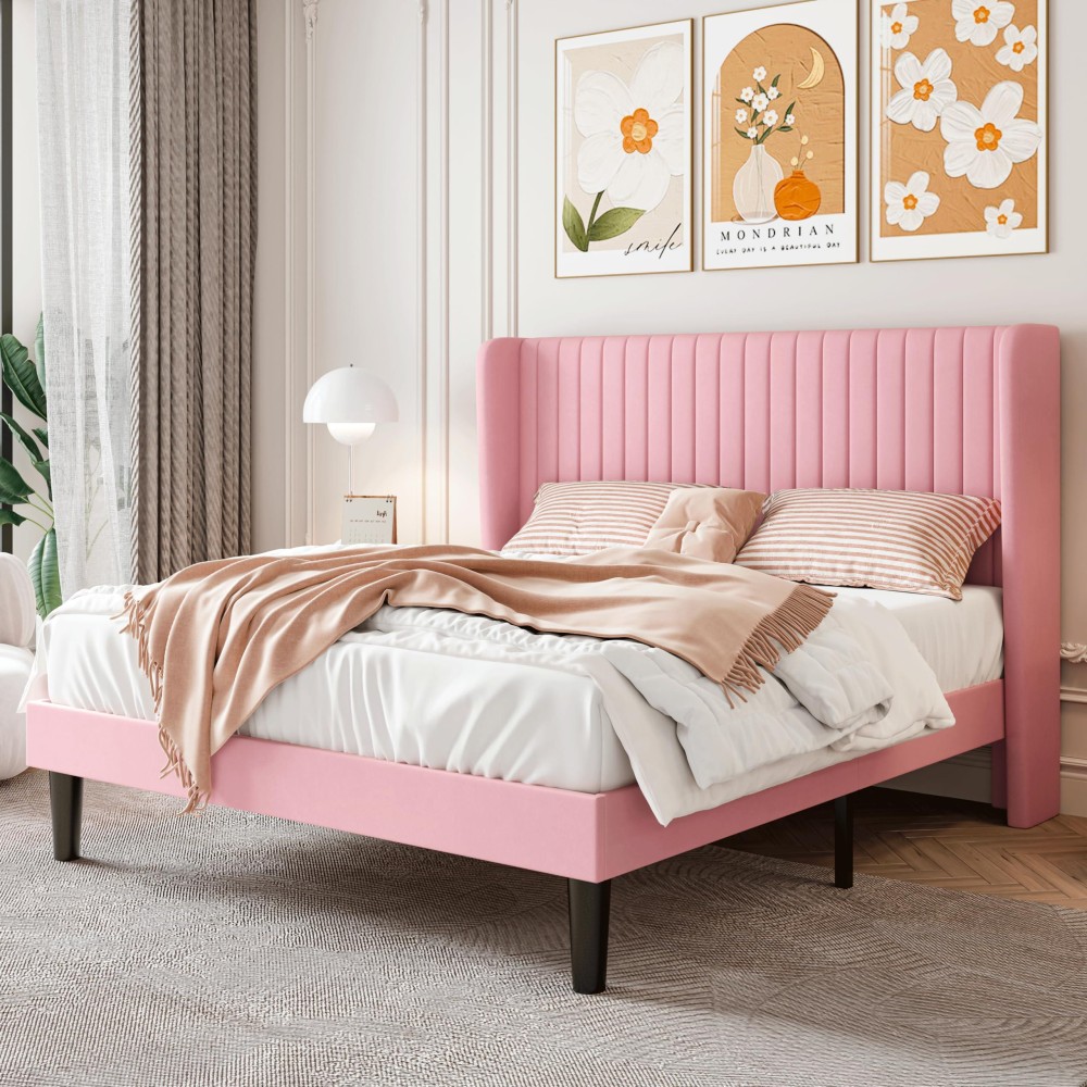 Sha Cerlin Queen Size Velvet Bed Frame With Vertical Channel Tufted Wingback Headboard Upholstered Platform Bed With Wood Slats