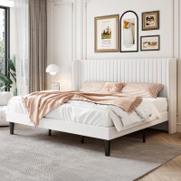 Sha Cerlin King Size Velvet Bed Frame With Vertical Channel Tufted Wingback Headboard Upholstered Platform Bed With Wood Slats