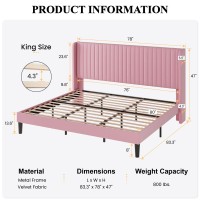 Sha Cerlin King Size Velvet Bed Frame With Vertical Channel Tufted Wingback Headboard Upholstered Platform Bed With Wood Slats