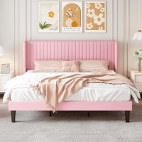 Sha Cerlin King Size Velvet Bed Frame With Vertical Channel Tufted Wingback Headboard Upholstered Platform Bed With Wood Slats