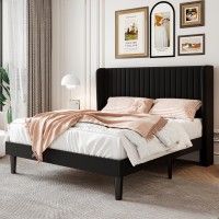 Sha Cerlin Full Size Velvet Bed Frame With Vertical Channel Tufted Wingback Headboard Upholstered Platform Bed With Wood Slats