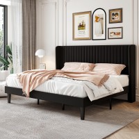 Sha Cerlin King Size Velvet Bed Frame With Vertical Channel Tufted Wingback Headboard Upholstered Platform Bed With Wood Slats