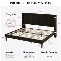 Sha Cerlin King Size Velvet Bed Frame With Vertical Channel Tufted Wingback Headboard Upholstered Platform Bed With Wood Slats