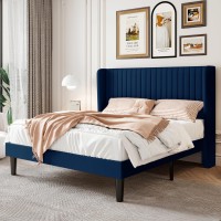 Sha Cerlin Full Size Velvet Bed Frame With Vertical Channel Tufted Wingback Headboard Upholstered Platform Bed With Wood Slats