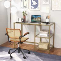 Tangkula Tempered Glass Computer Desk With 2-Tier Storage Shelves, Modern Computer Workstation, Vanity Makeup Table, Sturdy Metal Frame, Home Office Desk, Student Writing Study Desk (Gold)