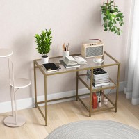 Tangkula Tempered Glass Computer Desk With 2-Tier Storage Shelves, Modern Computer Workstation, Vanity Makeup Table, Sturdy Metal Frame, Home Office Desk, Student Writing Study Desk (Gold)