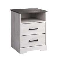 Prepac Rustic Ridge Farmhouse Nightstand With 2 Drawers And An Open Cubby, Wooden Bedside Table For Bedroom, Office, Or Living Room, 16.25In X 18.75In X 24.5In, Washed White