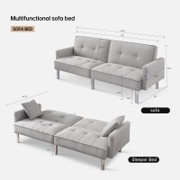 American Furniture Classics Light Grey Tufted Futon Convertible Sofa Sleeper With Two Throw Pillows Velvet, 85